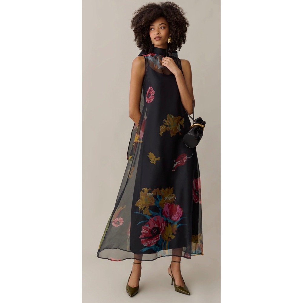 Few Moda CAARA Women Black Floral Sheer Organza Maxi Dress C25WDRP0152SC Size S